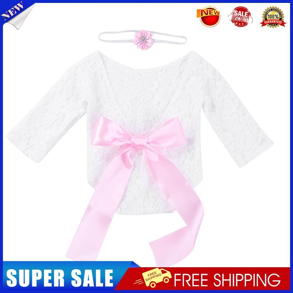 2pcs Newborn Shoot Photography Props Girls Lace Rompers Headband (Pink)