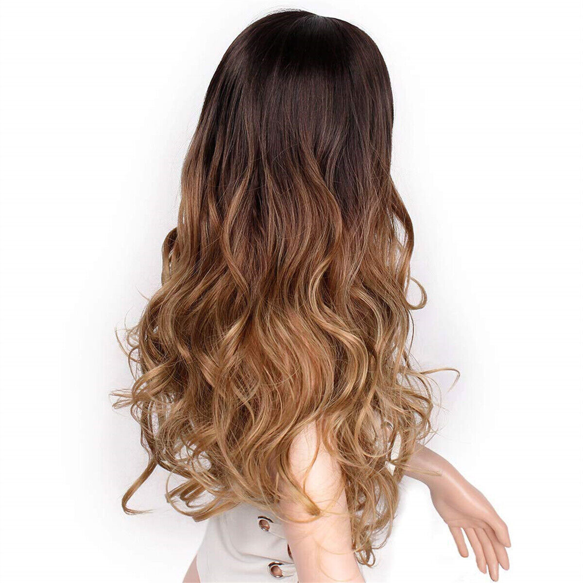 Hair Ombre Brown Middle Part Women Curly Synthetic Party Blonde Wig Wave Long
