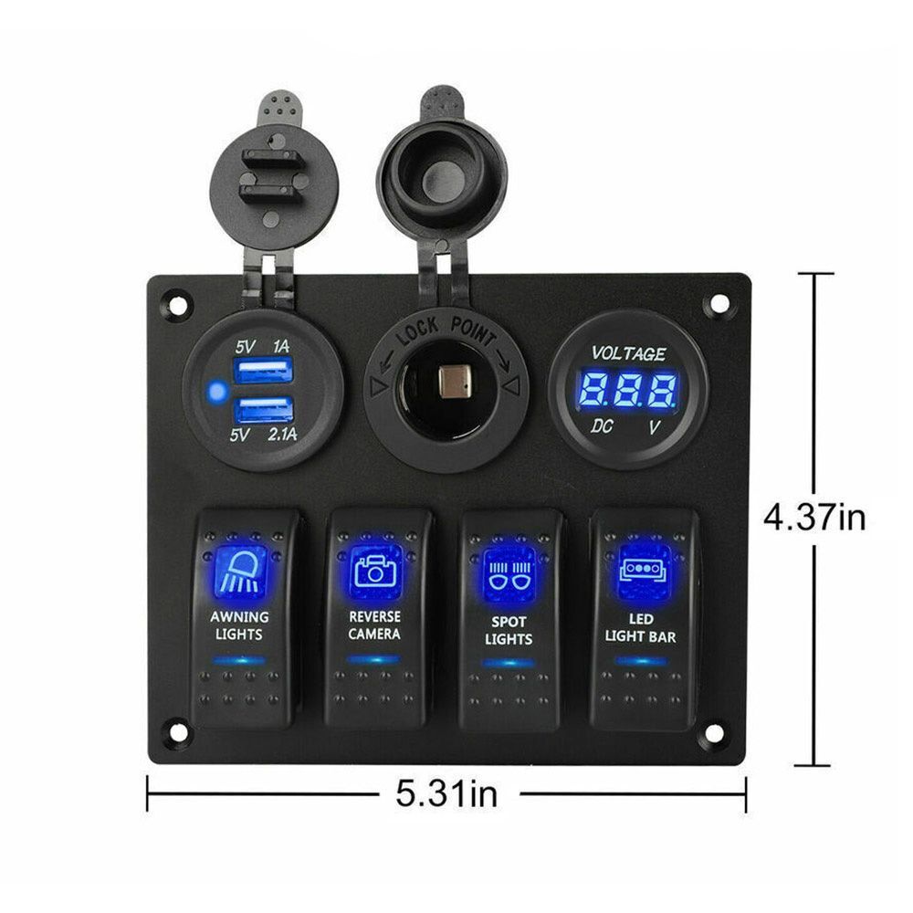 Waterproof Circuit Breaker 4 Gang 12V/24V LED Rocker Switch Panel Dual USB Port