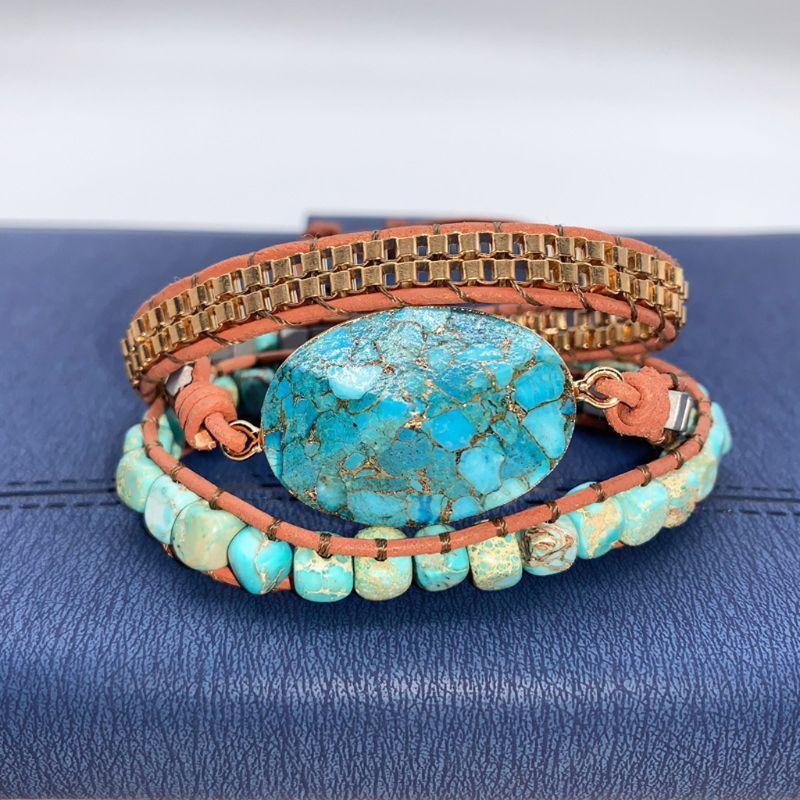 Women Handmade Natural Stone Crystal Hematite Bead Mixed Wrap Leather Bracelet