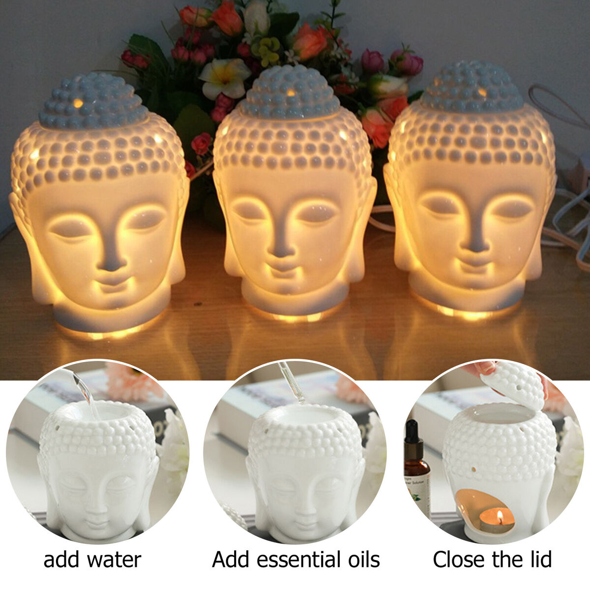 Essential Oil Burner Diffuser, Ceramic Buddha Head Aroma Candle Holders