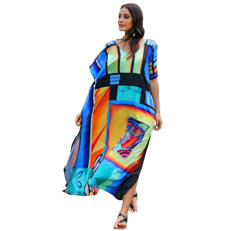Women Batwing Sleeve Beach Maxi Dress Abstract Face Print Kaftan Bikini Cover Up