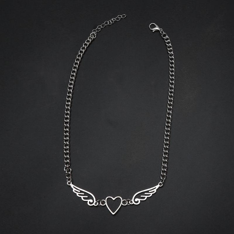 Punk Heart Feather Metal Choker Necklace Women Harajuku Angel Feather Pendant