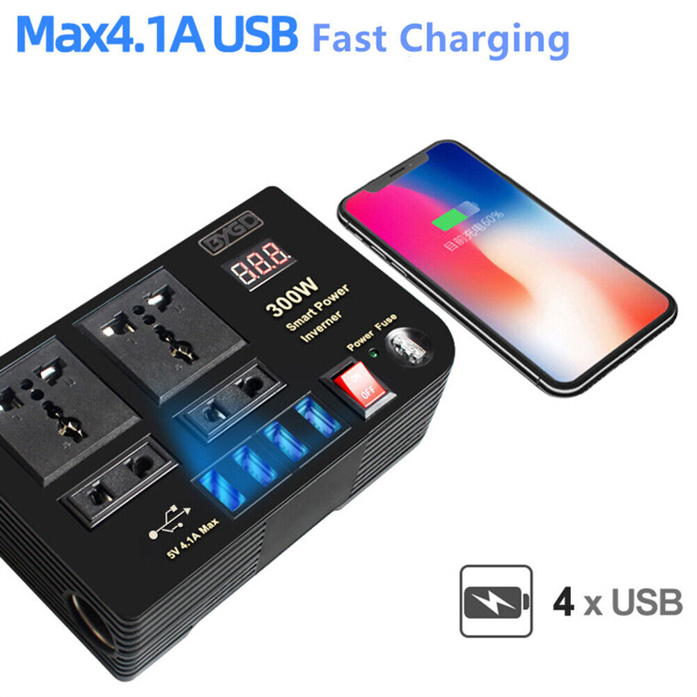 LED Display Car Inverter DC 12V to AC 220V 4 USB Power Converter Splitter