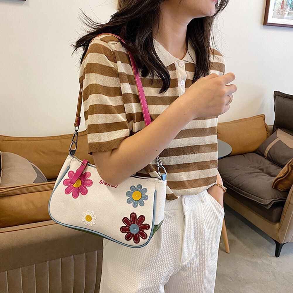 Fashion Women Flower Patchwork Canvas Underarm Bag Casual Hit Color Handbag