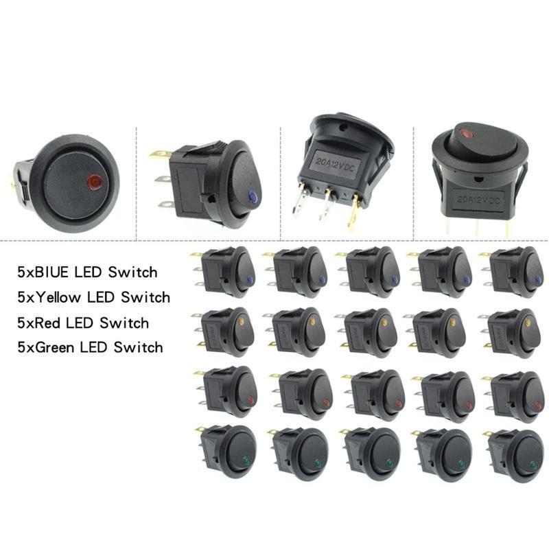 20 Pieces Rocker Round LED Toggle Switches On-Off Switch Blue Green Yelllow Red
