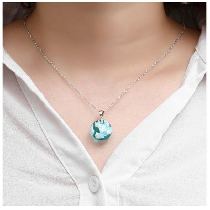 Glass Ball Pendant Necklace Luminous White Cloud Blue Sky Necklace Jewelry Decor