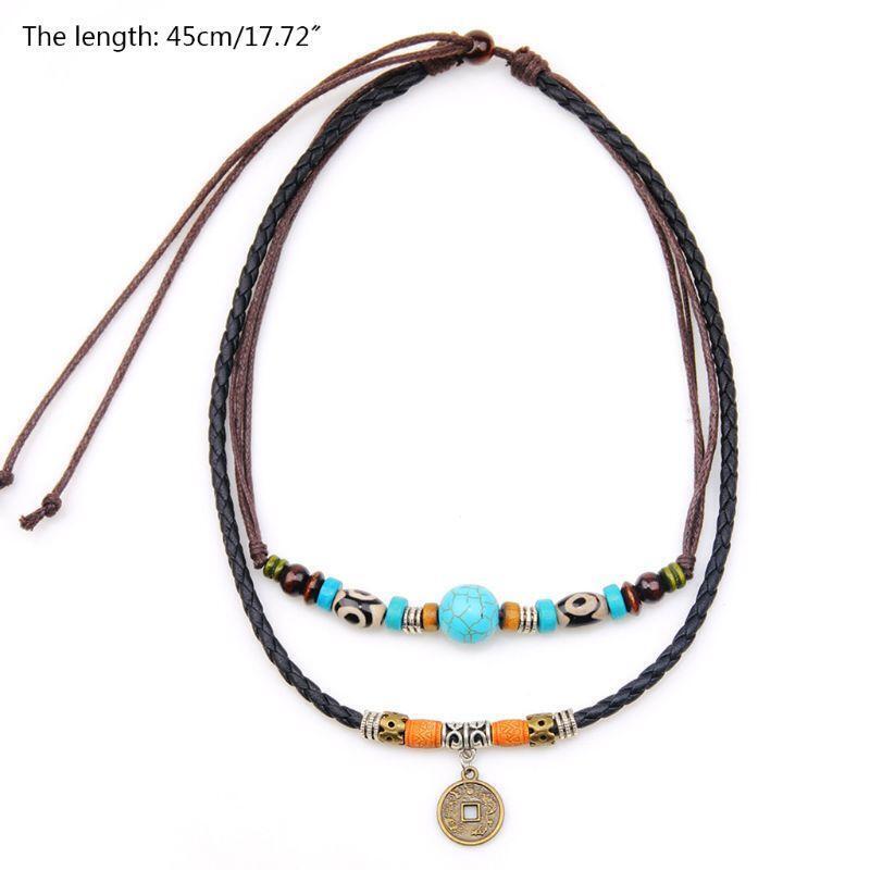 Fashion Necklace Ancient Tribe Man Adjustable Hemp Black Turquoise Bead Choker