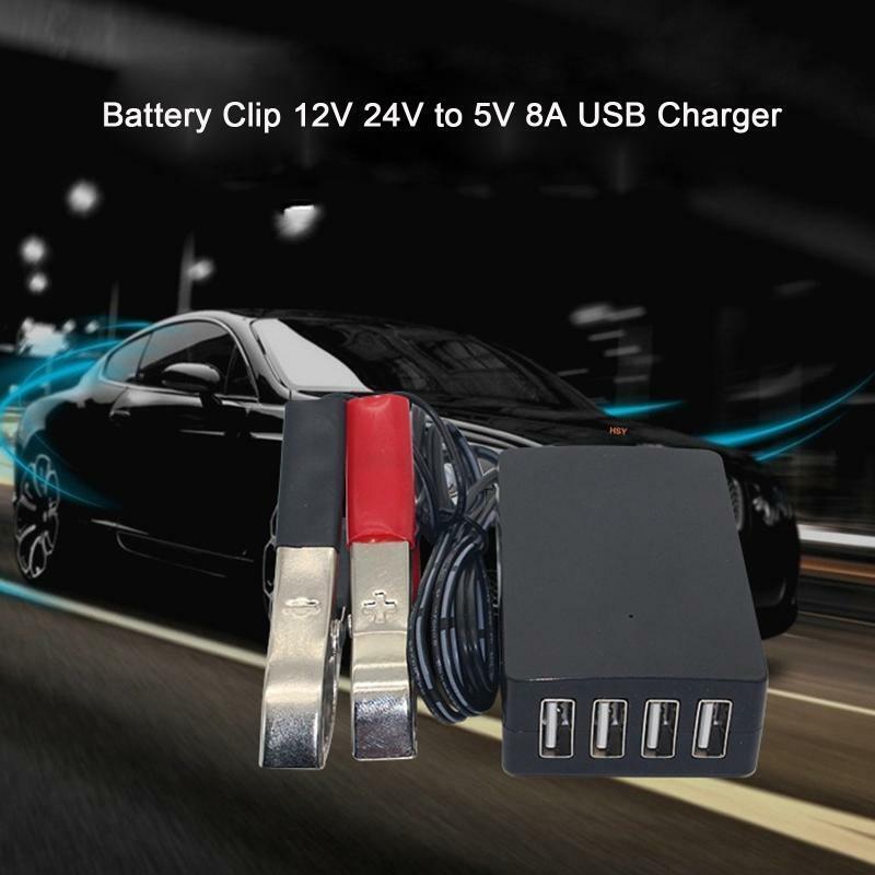 4USB Port Power Adapter 12V 24V to 5V 8A with Battery Clip for Charging Phone
