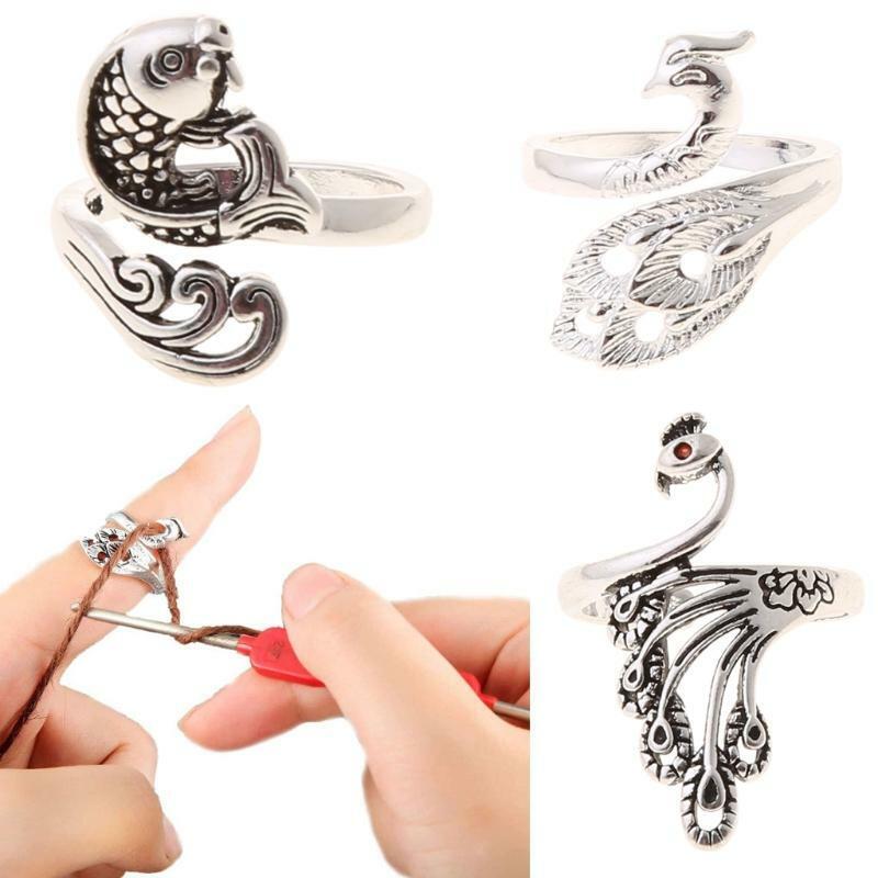 3Pcs Knitting Loop Crochet Ring Set Adjustable Fish Peacock Braided Rings