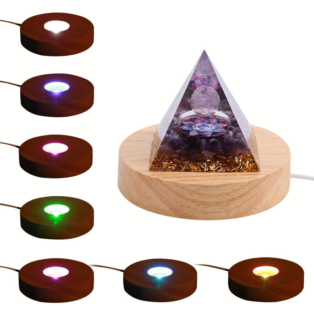Round Wooden LED Lights Display Stand Holder Lamp Base Desktop Art Ornament