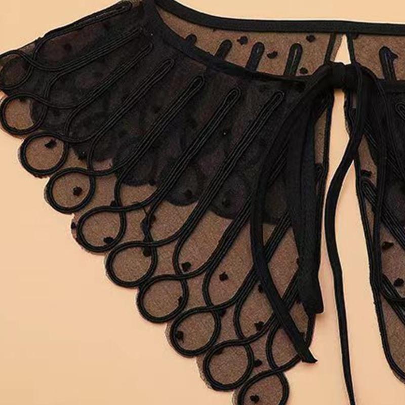 Women Emboridery Twist Striped Dot Collar Sheer Shawl Shrug Lace-Up Scarf Cape