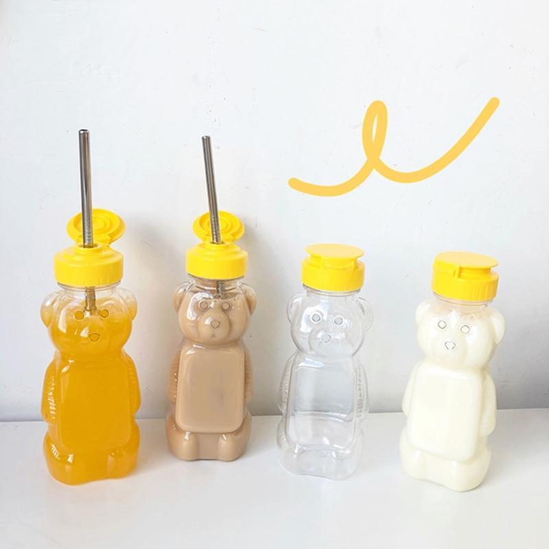 Lovely Cartoon Bear Straw Cup Water Bottle with Lid Leakproof Home Travel Couple