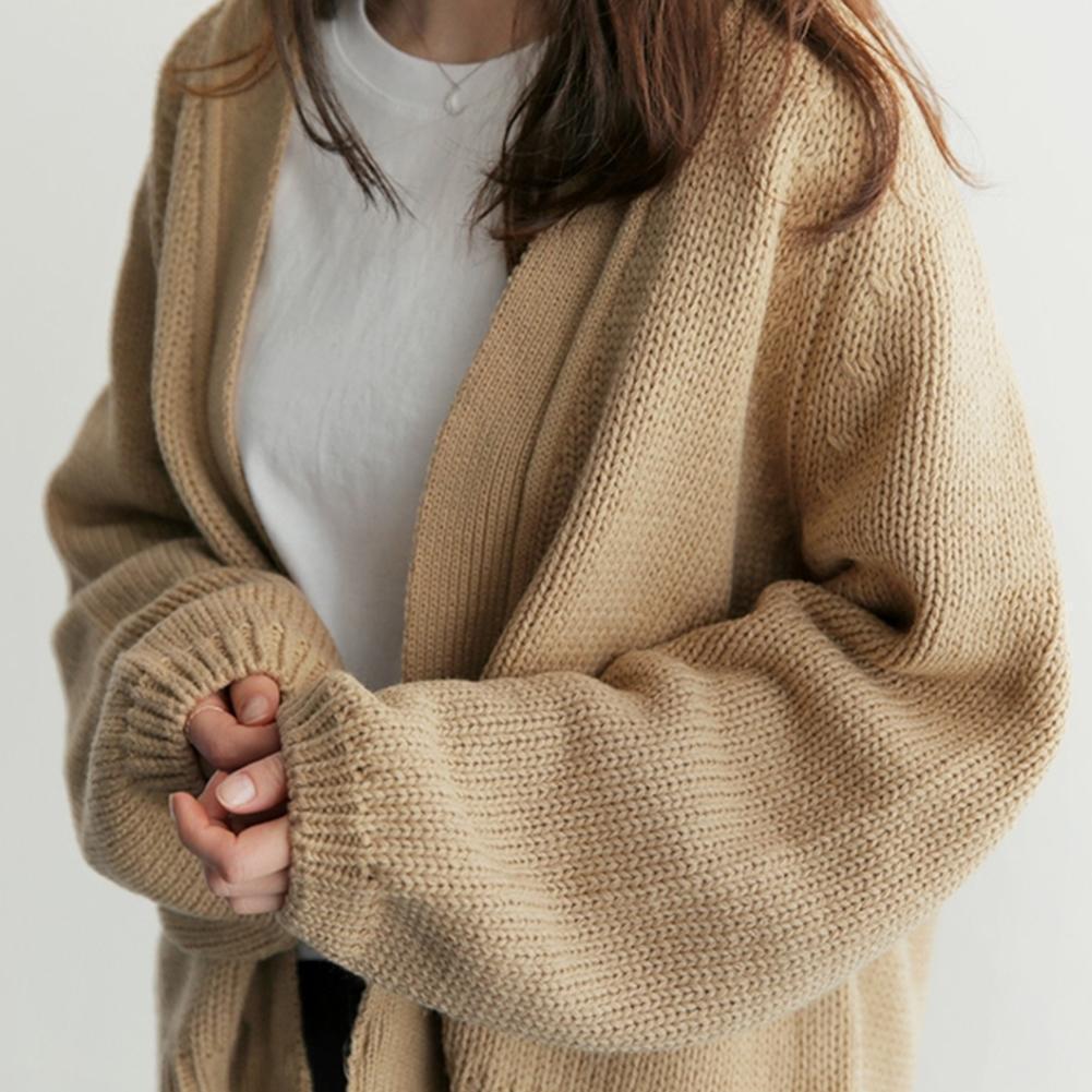 Women Short Style Long-Sleeves Coat Knitted Solid Color Cardigan (Khaki)