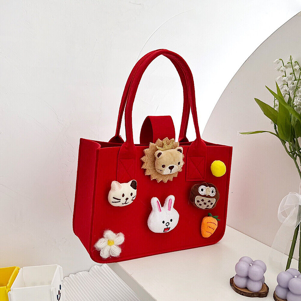 Felt Handbag Tote Kids Cute Cartoon Top-Handle Daily Shoulder Bag (Red)