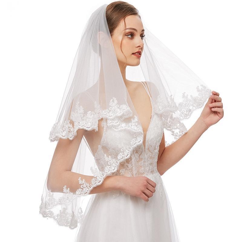 Wedding Veil Double Layers Lace Trims Elbow Length Short Tulle for Brides