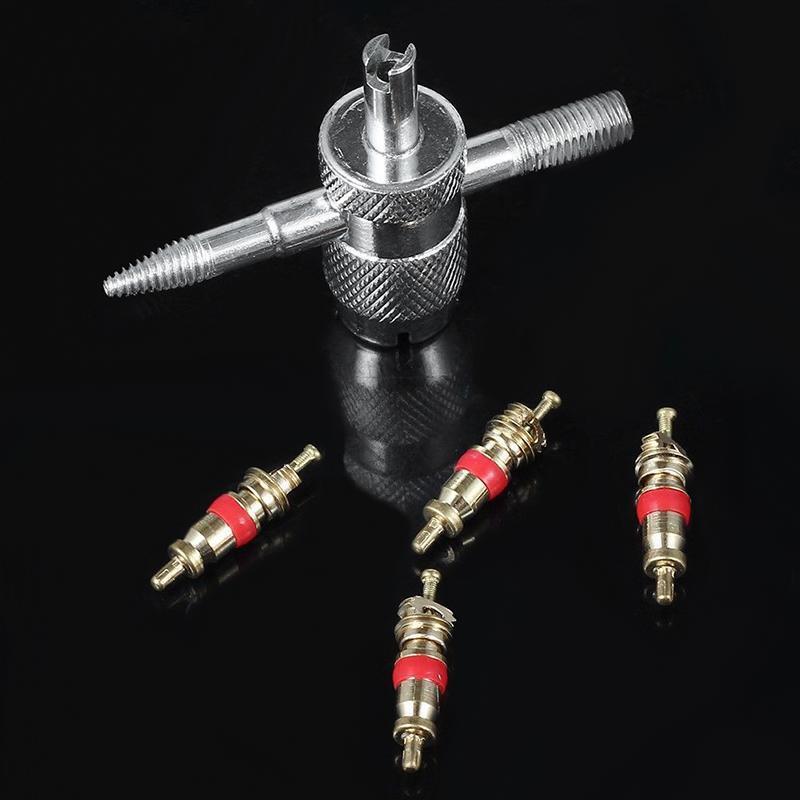 Car Bike 4 Way Tyre Valve Repair Standard Tire Remover Tool + 4 Stem Cores Kit