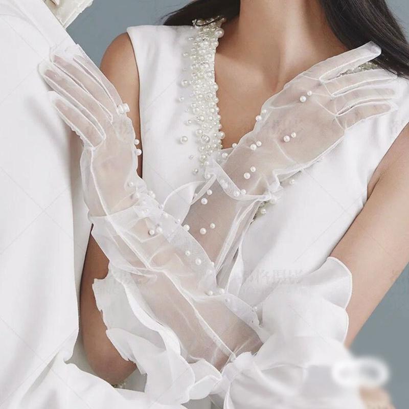 Bridal Tulle Gloves Elbow Length Lace Gloves Elegant Tea Party Wedding Gloves