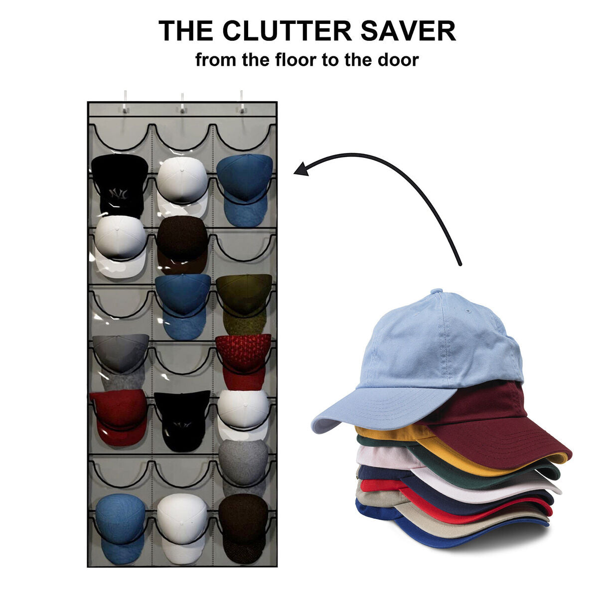 Baseball Hat Rack 24 Clear Hanging Over The Door to Protect Cap (Grey)