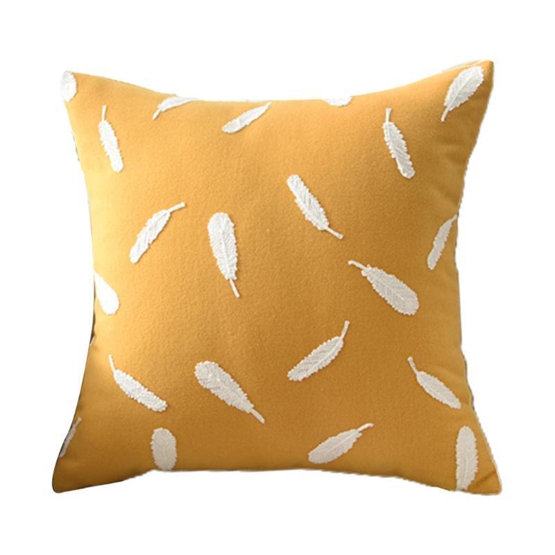 Nordic Yellow Cotton Linen Throw Pillow Case Tufted Embroidery White Feather Pat
