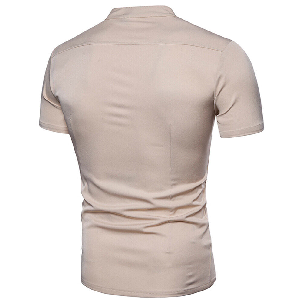 Men Short Sleeve Fashion Solid Oblique Zipper Stand Collar Shirt(Khaki L)-2
