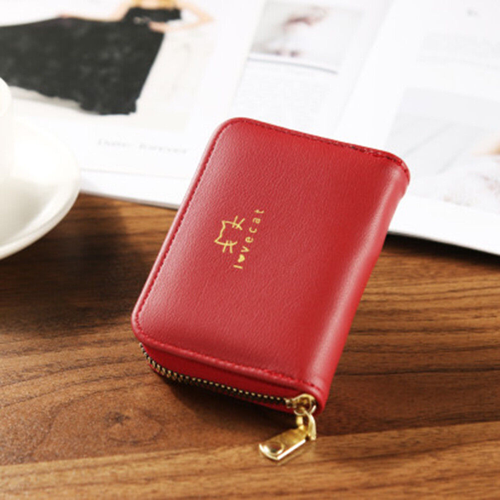 Women Card Holder Cat PU Leather Clutch Wallet Zipper Purse (Wine Red)