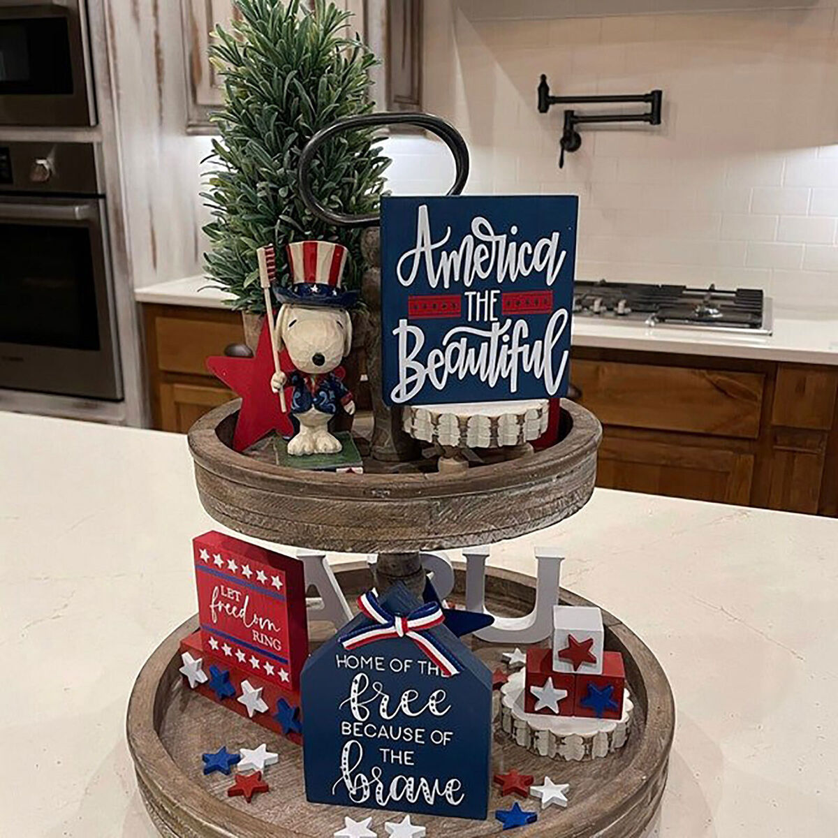 Independence Day Patriotic Ornaments - Blue Red & White Wooden Craft Decor