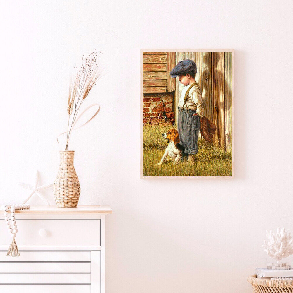 Little Boy and Dog Picture Rhinestone Full Round 5D DIY Diamond Painting