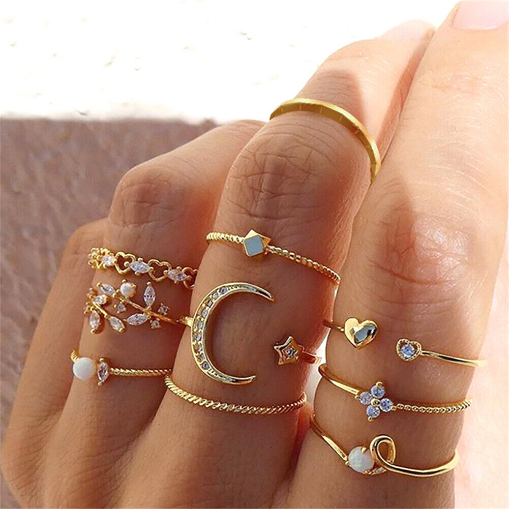 Alloy Diamond Moon Heart Finger Ring Set Ladies Luxury Jewelry for Women