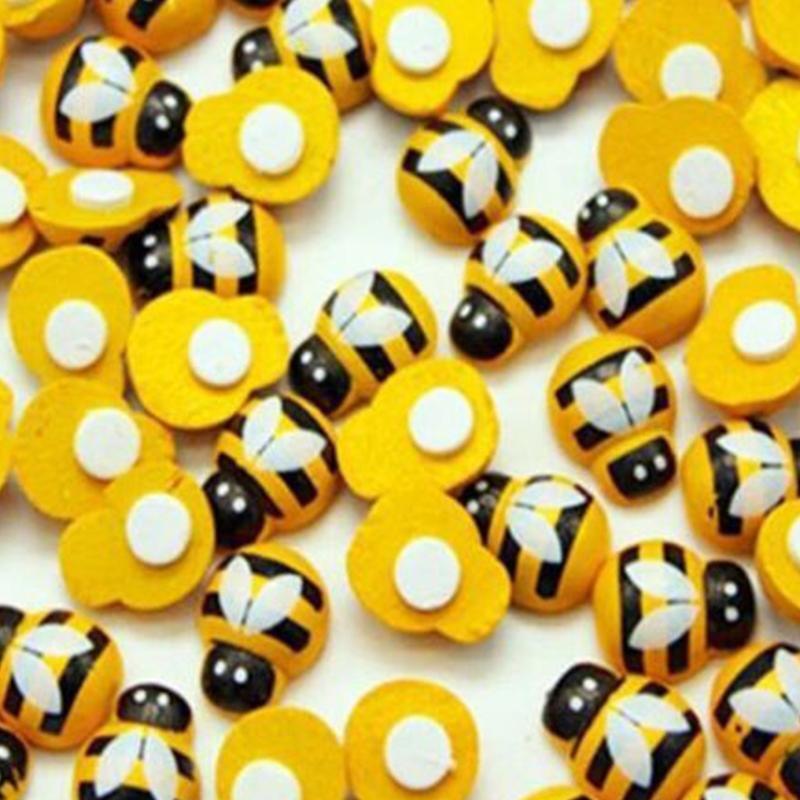 100 Pcs Tiny Wooden Bee Embellishments Self-Adhesive Painted Flatback Bumble Bee
