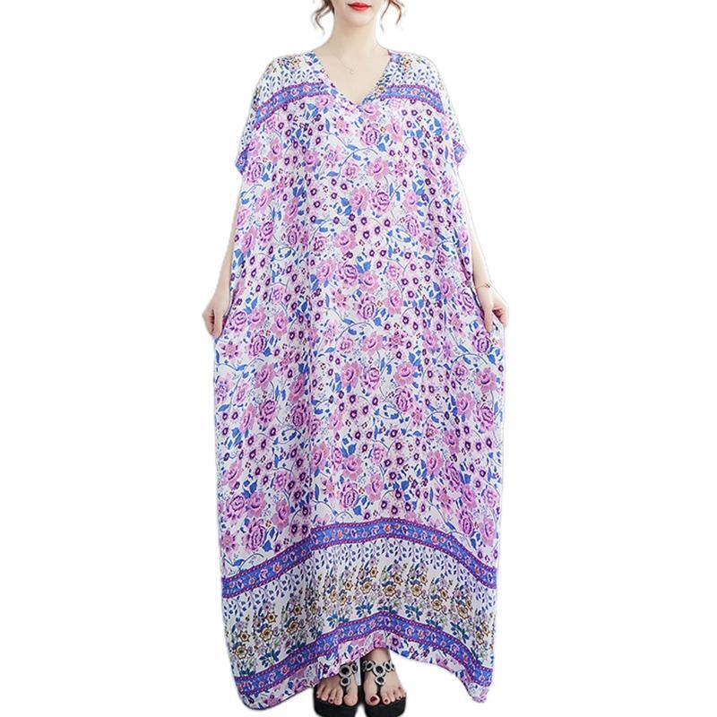Women Loose Kaftan Swimsuit Cover Up Short Sleeve V-Neck Floral Beach Maxi Dress