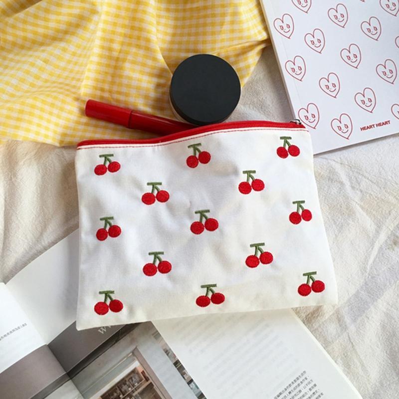 Cute Little Cherry Embroidery Storage Bag with Zipper Coin Lipstick Bags