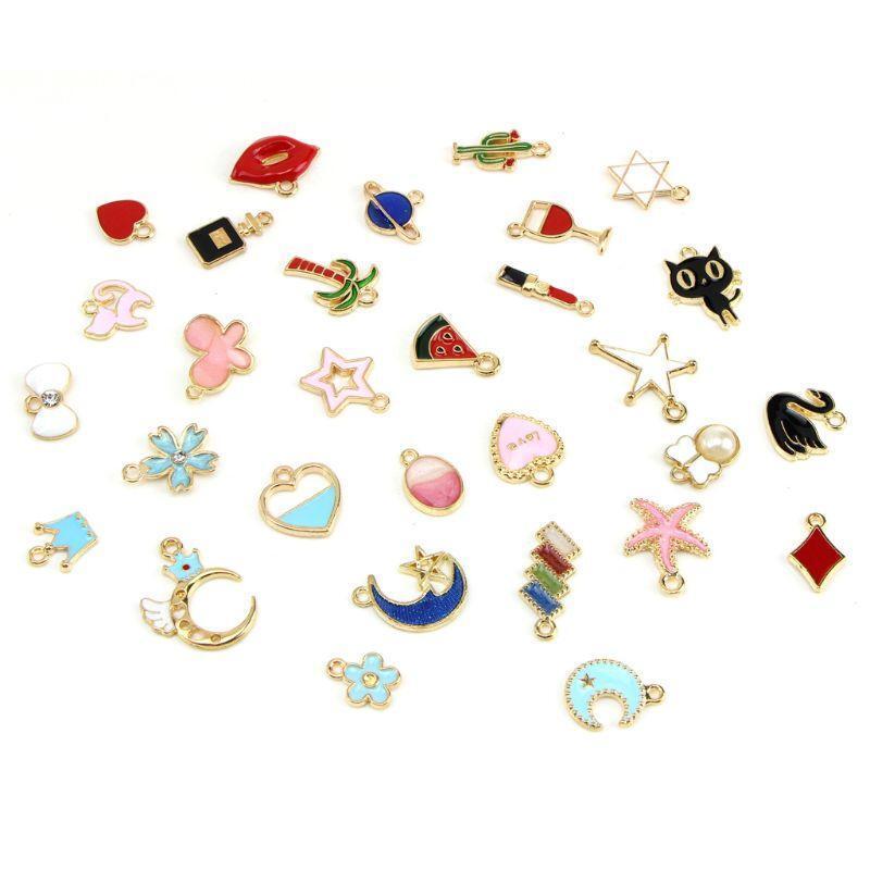 30Pcs Mixed Enamel Charms Collection Swan Moon Star Cat Pendant Jewelry Making