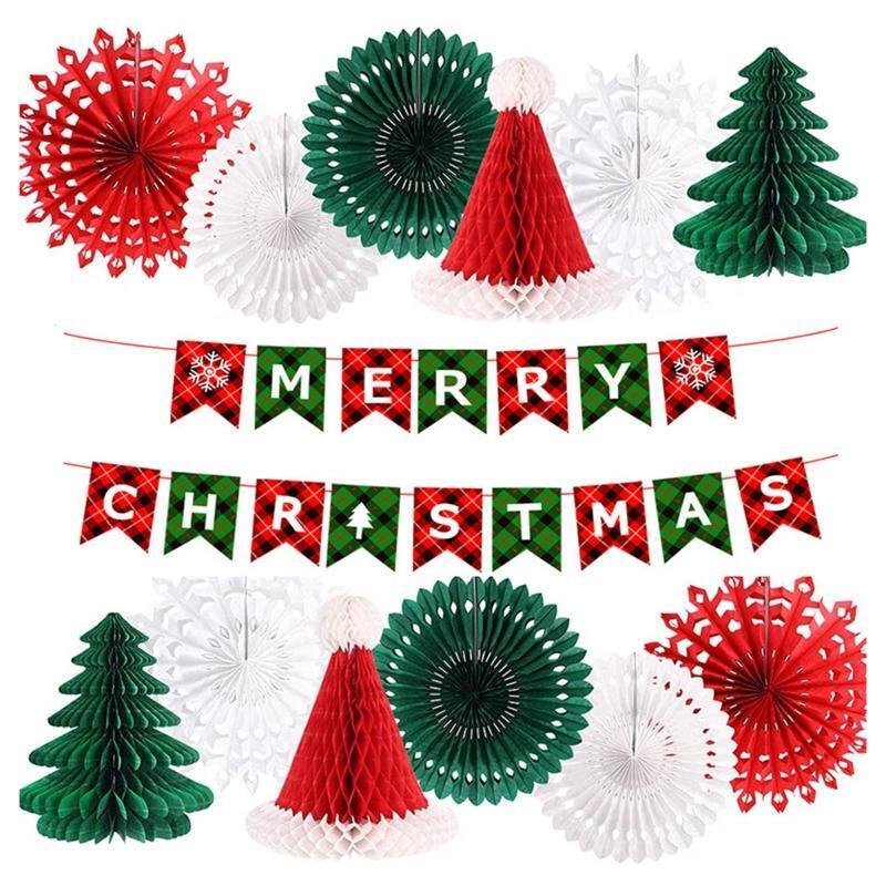 Xmas Tree Honeycomb Backdrop Paper Fan Set Hanging Ornaments for Xmas Party