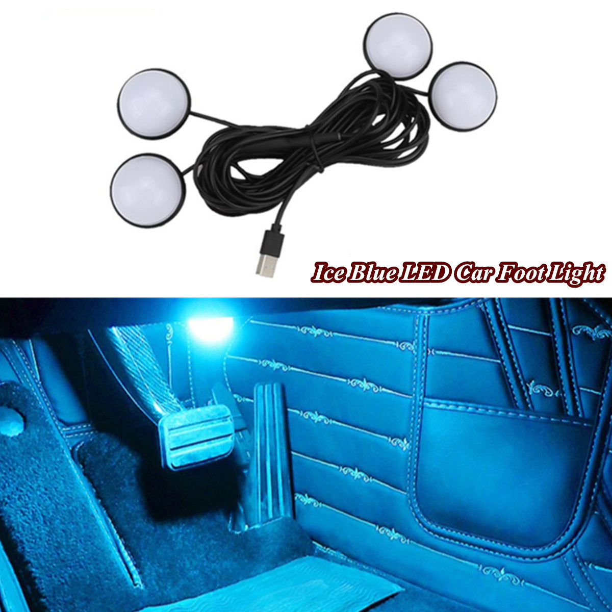 4 Pcs Ice Blue LED Foot Light 12V Car Interior Ambient Lamp Decorative Lights