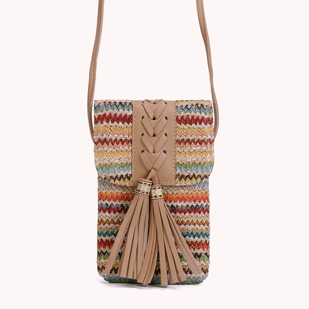 Women Straw Mobile Phone Bag Ethnic Woven Tassel Girl Satchel Crossbody Bag