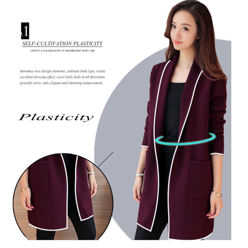 Splicing Color Long Overcoat Women Loose Cardigan Outwear (Wine Red M)