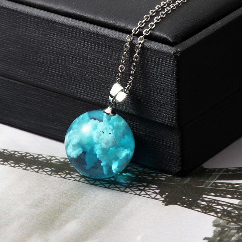 Glass Ball Pendant Necklace Luminous White Cloud Blue Sky Necklace Jewelry Decor