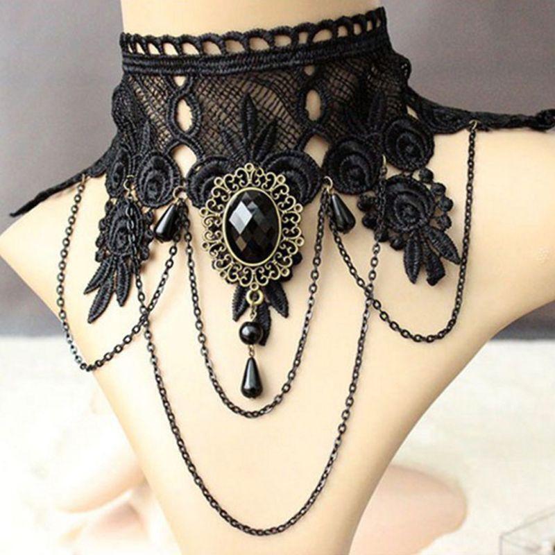 Gothic Choker Halloween Crystal Black Lace Neck Choker Necklace Clavicle Chain