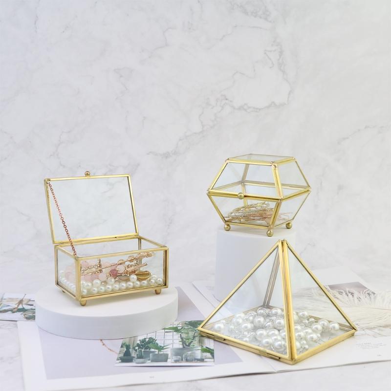Clear Glass Rectangular Metal Jewelry Box Decorative Slanted Top Lid Shadow Box