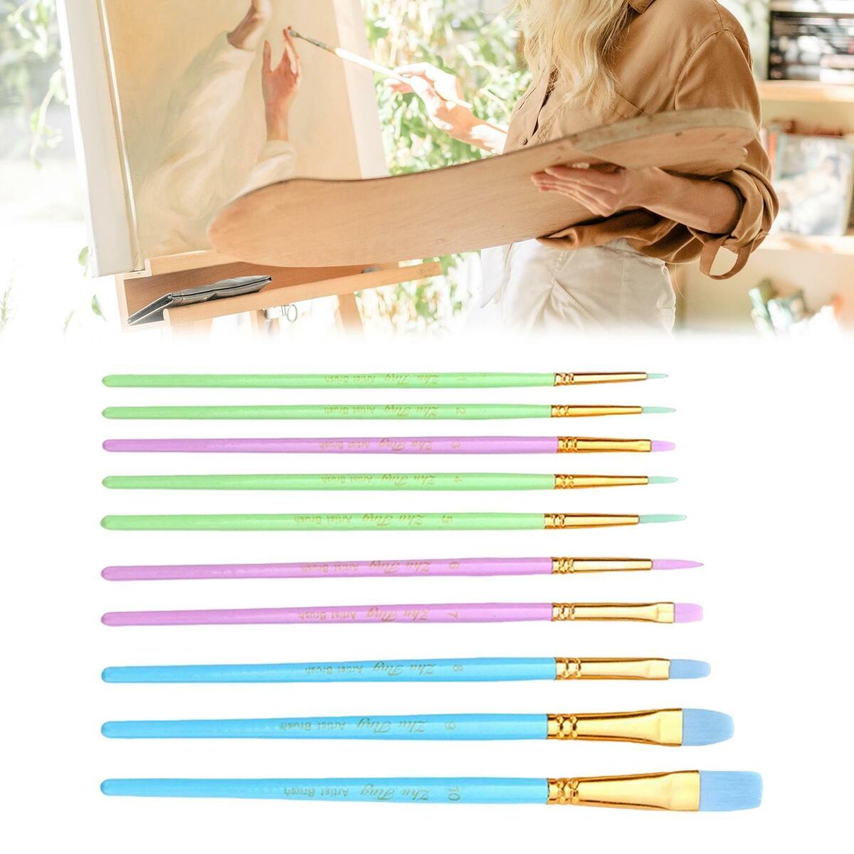 10Pcs Artist Paint Brushes Set Acrylic Watercolour Painting  Wooden