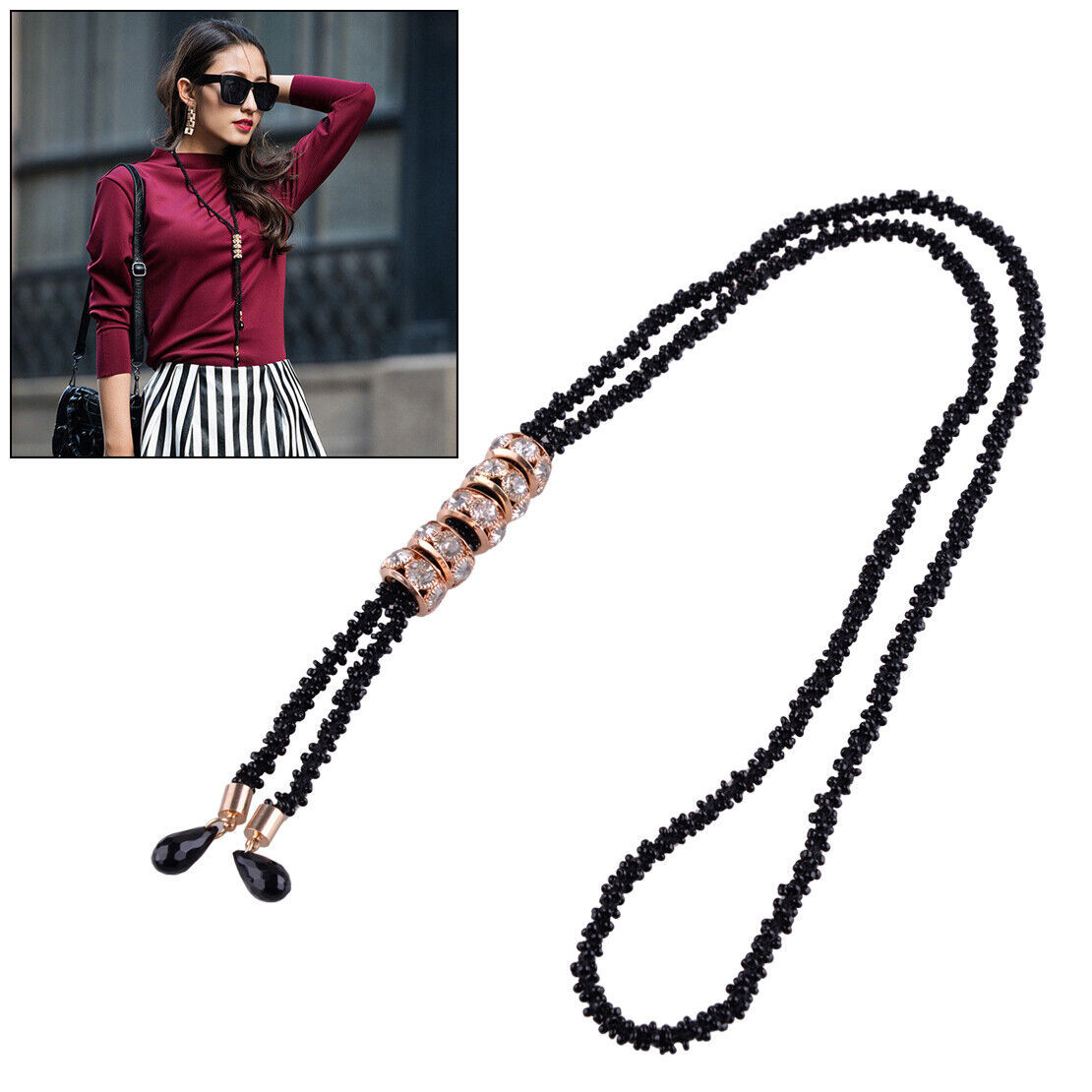 Women Black Beads Tassel Crystal  Sweater Statement Necklace Long Chain Charm Li