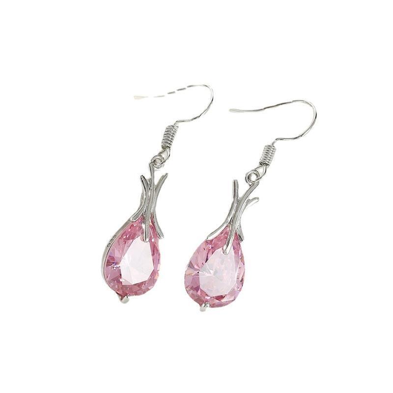 Sparkling Fish Hook Dangle Earring Pink Gem Pendant Earring Women Girl Jewelry