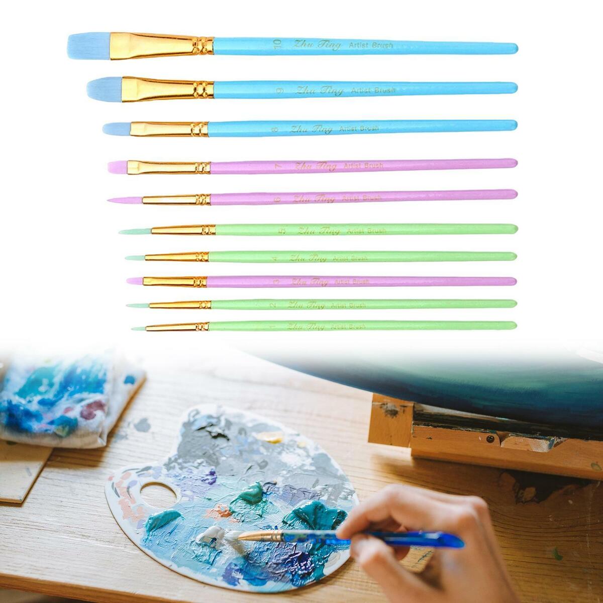10Pcs Artist Paint Brushes Set Acrylic Watercolour Painting  Wooden