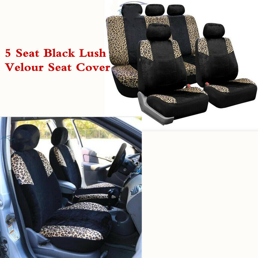 5 Seat Lush Velour Seat Cover Split Bench Leopard Full Set For Car SUV Truck