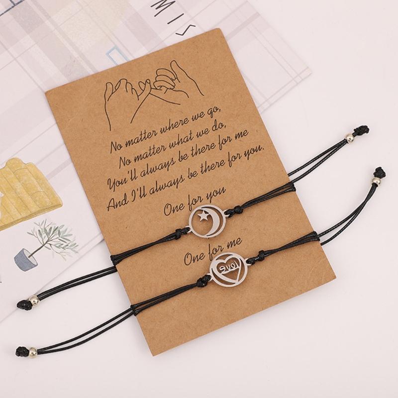 2 Pcs Moon Stars Love Woven Bracelet Set Best Friend Matching Jewelry Gift