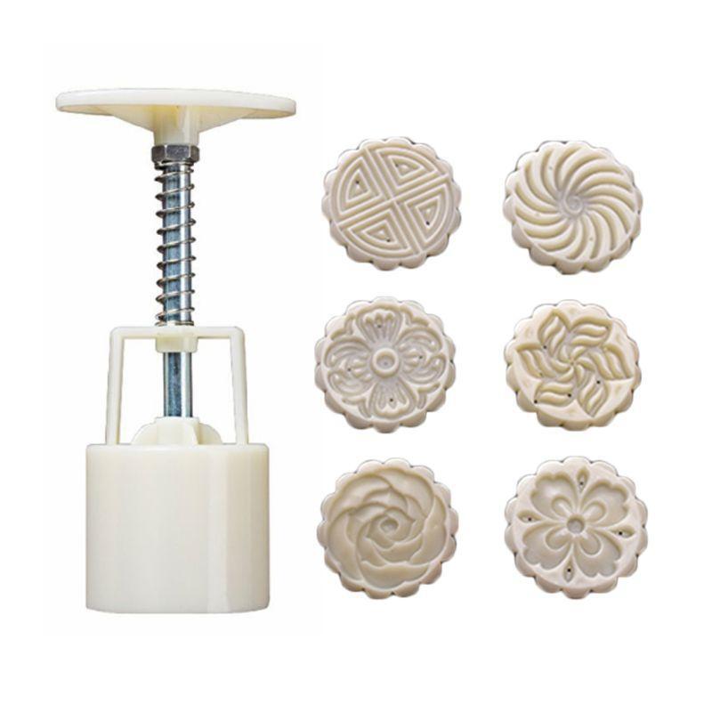50g Mooncake Mold with 6pcs Flowers Stamps Hand Press Moon Cake Pastry Mould DIY