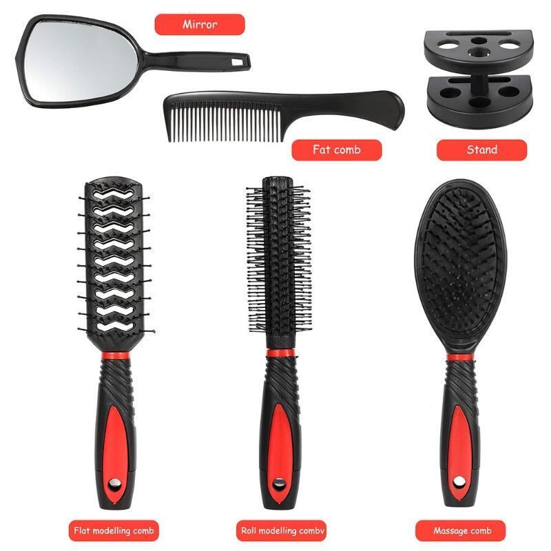 5Pcs Hair Brush Combs Set Salon Hairdressing Styling Tool Mirror Holder Stand