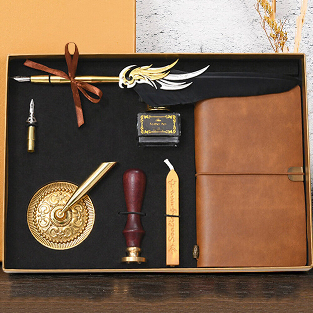 Notebook Ink Bottle Calligraphy Feather Dip Pen Set Stationery Box (Black)