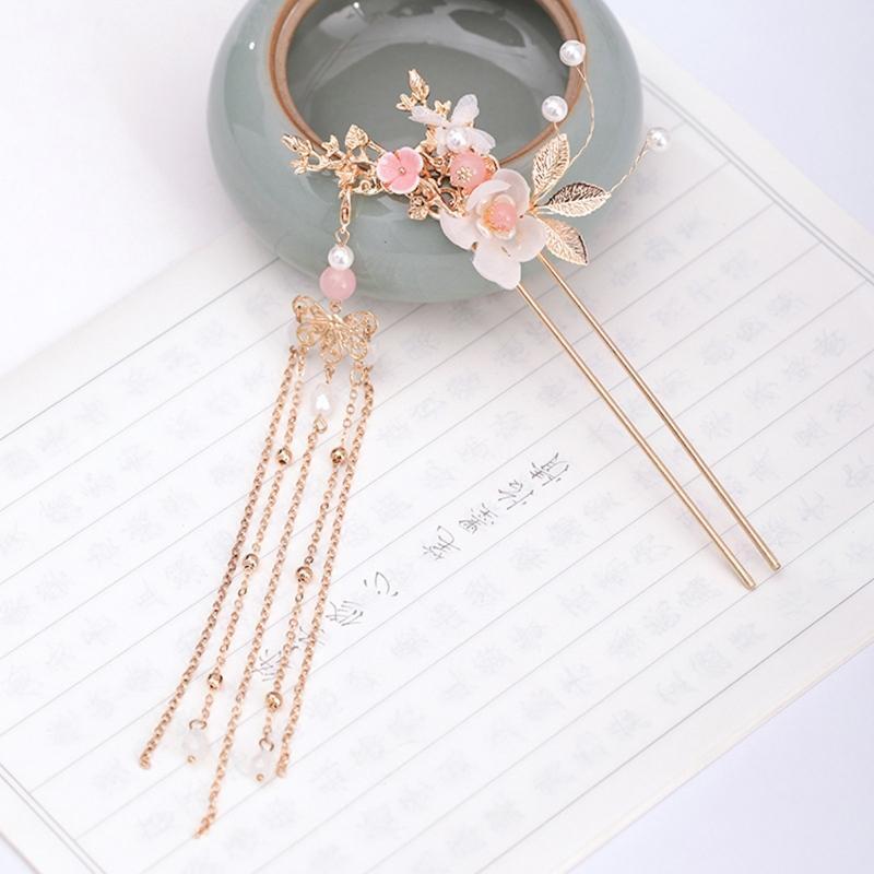 Women Chinese Hanfu Dress Jewelry Sets Tassel Floral Hairpins Earrings Hair Fork
